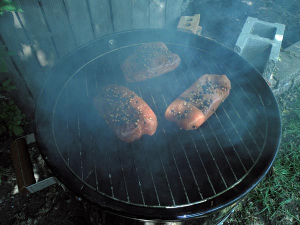 Place the fillets in a smoker, allow a \<strike\>cold\<\/strike\> hot smoke for 1-2 hours over hickory. Make sure to keep temperature constant so as not to cook the filets, or else you wind up with...