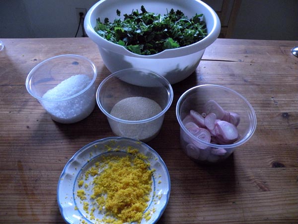 For the cure: 1 cup kosher salt, 1/2 cup sugar, 1 tablespoon orange zest, 1 bunch parsley, 1 bunch cilantro, 3 sliced shallots