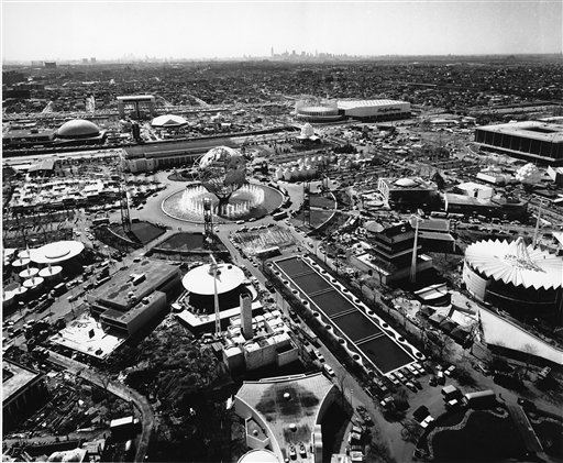 This file photo shows the 1964 World\'s Fair site in Flushing Meadows in the Queens borough of New York, on April 19, 1964. The Unisphere in the center of the water fountain was the symbol of the fair. In the background is the Manhattan skyline.