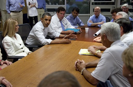 President Barack Obama meets with state and federal officials for an update on the Gulf Coast oil spill