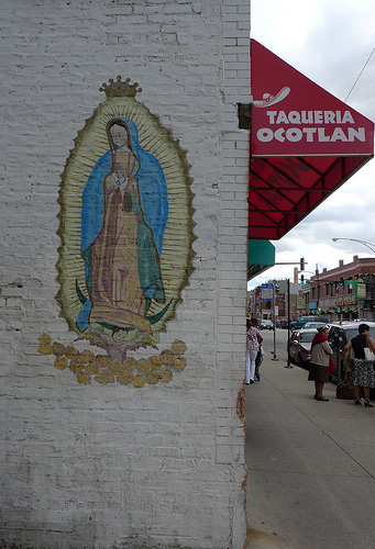 Our Lady of Guadalupe is everywhere in Pilsen, including on the walls of taquerias.
