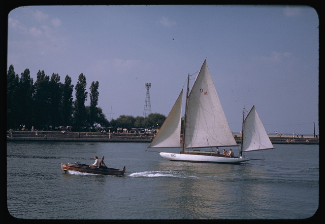 Boats enter Jackson Park harbor late afternoon, June 24, 1945