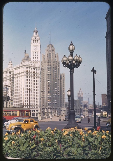 Wrigley and Tribune towers from Wacker and Wabash, August 21, 1941