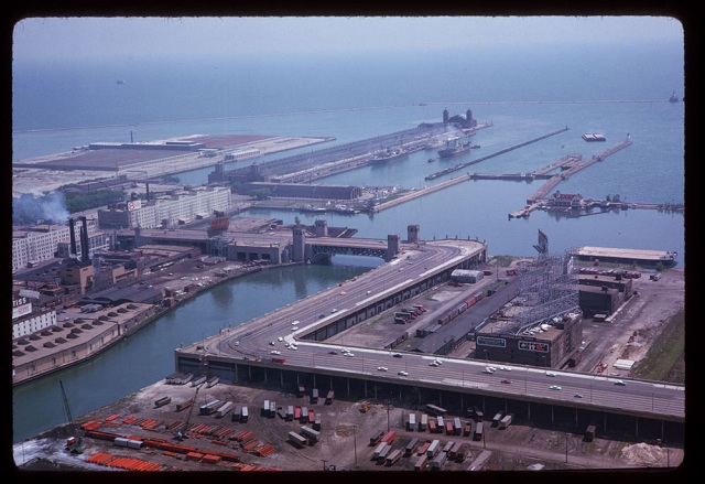 Mouth of Chicago river and Navy Pier from top Prudential Building, May 26, 1963