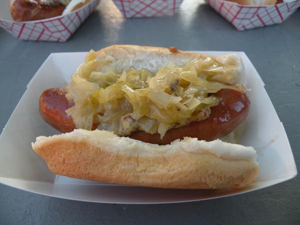 House-made hot dog with house-made sauerkraut from Old Town Social.