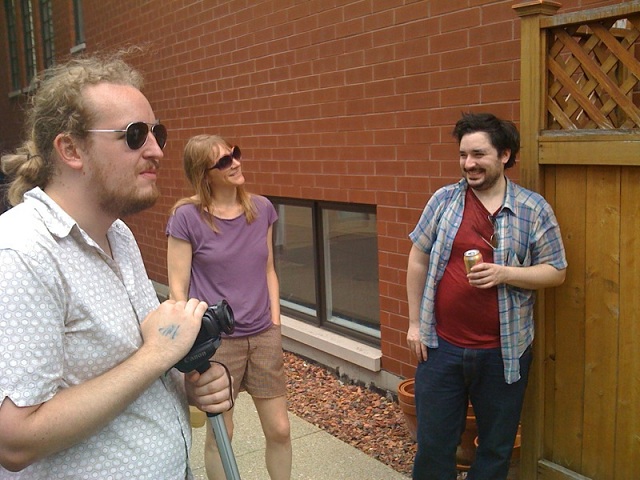 From left: Coach House Sounds\' Mike Mayer, Bunch, and Reds and Blue drummer Areif Sless-Kitain hang out after recording.