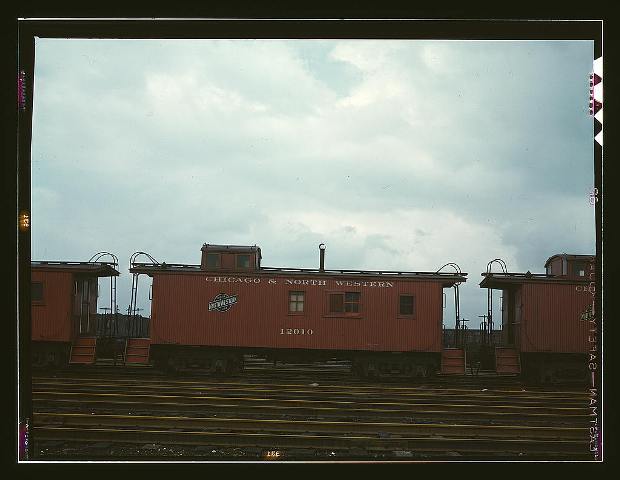 Caboose on the caboose track at C & NW RR\'s Proviso yard, Chicago, Ill.,\r\n1943 April