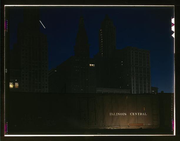 General view of part of the South Water street Illinois Central Railroad freight terminal, Chicago, Ill., 1943 April