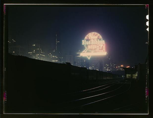 Night view of part of the South Water street freight terminal of the Illinois Central R.R., Chicago, Ill., 1943 May