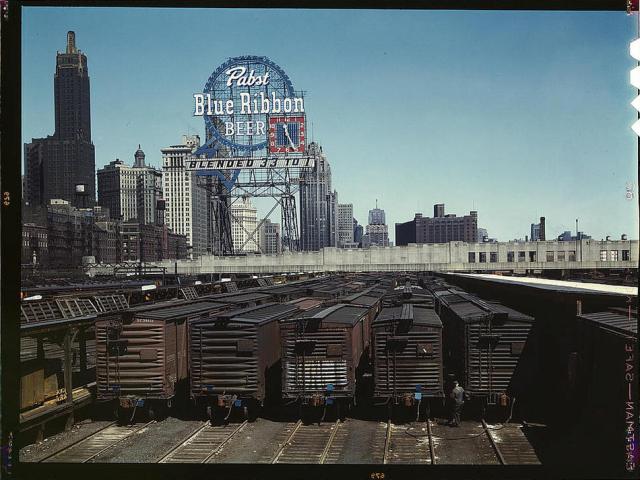 General view of part of the South Water Street freight depot of the Illinois Central Railroad Chicago, Illinois, May 1943.