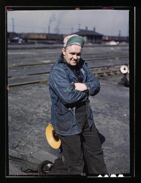 A.S. Gerdee working as a switchman at Proviso yard of C & NW RR, Chicago, Ill., 1943 April
