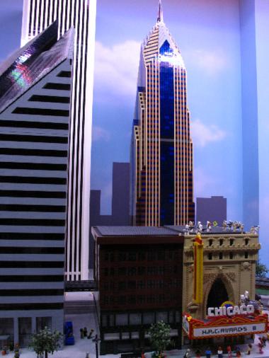 From left to right: The (LEGO) Smurfit-Stone building, AON Center, Two Prudential Plaza, and the Chicago Theater