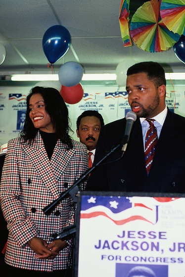 Jesse Jackson Jr. & Sandi Jackson, Jesse Jackson in Background, Campaign for Congress Announcement, Chicago, 1995