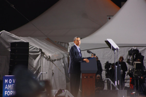 President Barack Obama addresses the crowd on the Midway next to the University of Chicago.