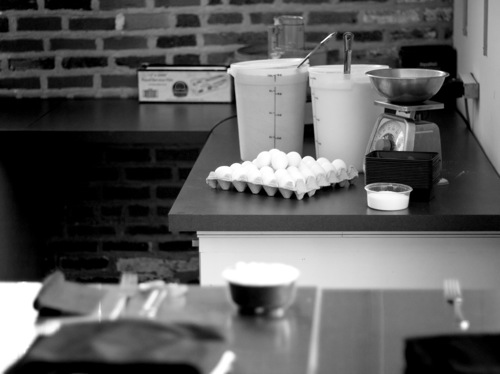 At Cooking Fools\' demo kitchen, the basics of pasta dough: all-purpose flour, semolina flour, eggs, and salt.