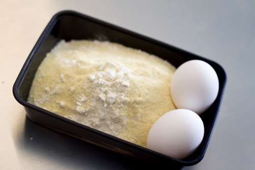 Cooking Fools\' basic dough: 3 ounces A.P. flour, 3 ounces semolina, a heavy pinch of salt, and two eggs.