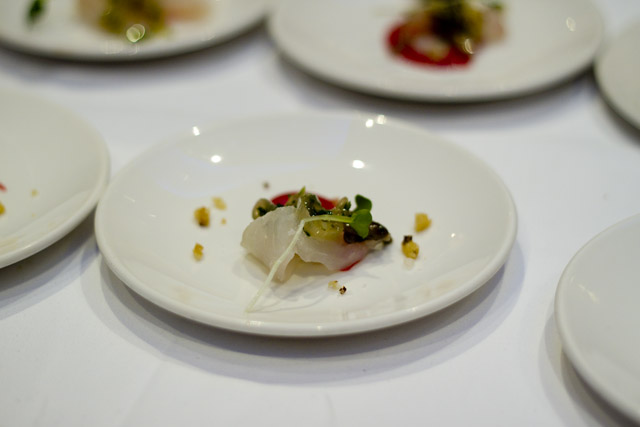 Chef Nick Lacasse of the Drawing Room showed off his delicate hand with fluke crudo. Black radish mignonette, opal basil, sesame tempura crumbs  and watercress oil finished the dish.