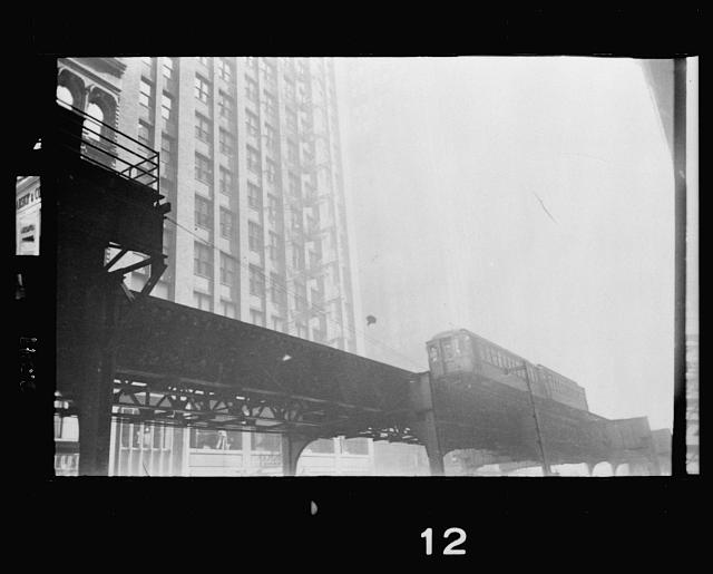 View from street level of the \"L\" elevated railway in Chicago, Illinois