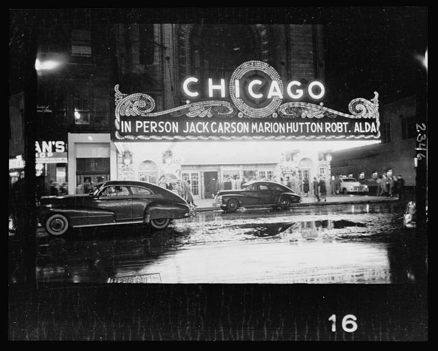 \"People arriving at a Chicago theater for show starring, in person, Jack Carson, Marion Hutton, and Robert Alda\"
