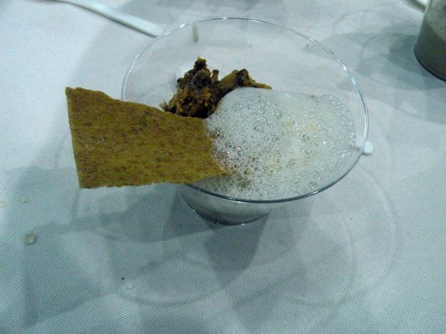 One of the Golden Rasher winners from James Toland of the soon-to-open Black Sheep: Banana panna cotta, cherrywood smoked bacon brittle and peanut butter froth with a lady finger spoon.
