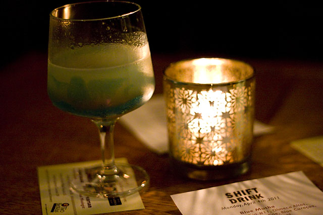 Mixologist Josh Pearson\'s Blue Mutha cocktail, one of four signature recipes created for Shift Drink.