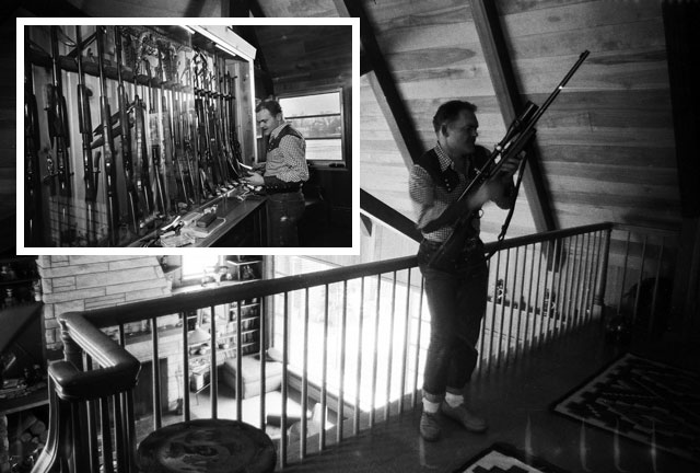 On the balcony of his spacious Marshall, Illinois house, built with the (still accruing) profits of \<em\>From Here to Eternity\<\/em\>, Jim hefts his favorite sniper rifle. He became hooked on guns during his wartime service at Schofield Barracks, Hawaii. Inset: His custom-built gun and knife case.