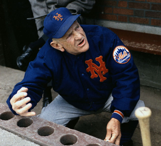 A rare view of Casey Stengel, out of his Yankee suit at last, and in his first year as the Mets\' manager. His advice to a would-be hitter? \"Hit em where they ain\'t.\"