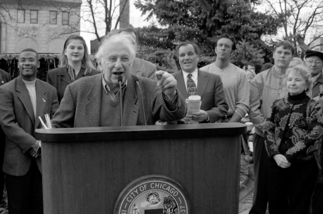 At the 1998 dedication of the Algren Fountain at Damen and Division, Studs, with his wife Ida at his left, and with Mayor Richard M. Daley behind him- supporting a Nelson Algren project- a fountain- at last, as Studs remarked, irreverently,\" an Algren project that some Mayor Daley approved of.\"\r\n