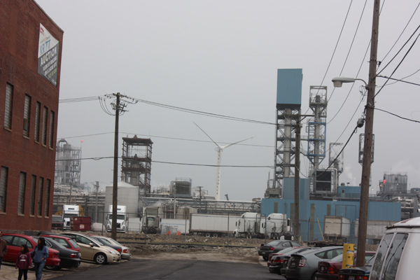 Testa Produce\'s new wind turbine looms over The Plant (left) from a few blocks away.