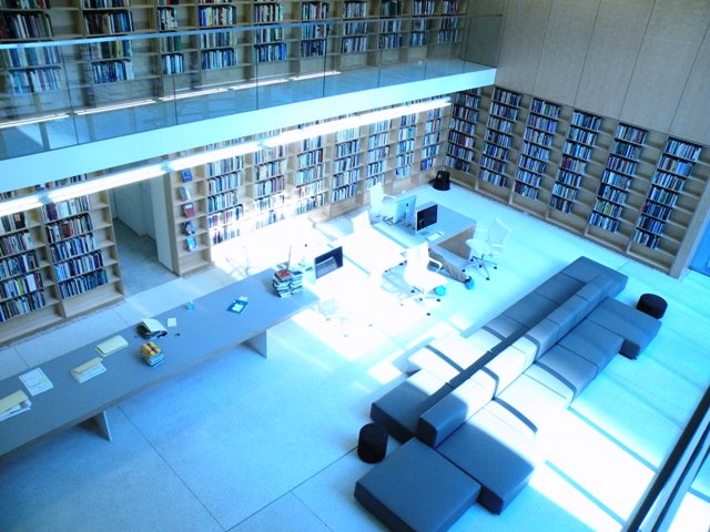 A view of the Foundation\'s public library from the second floor offices.