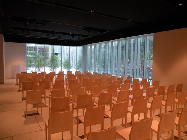 One view of the Poetry Foundation\'s performance space, with a view to the garden outside.