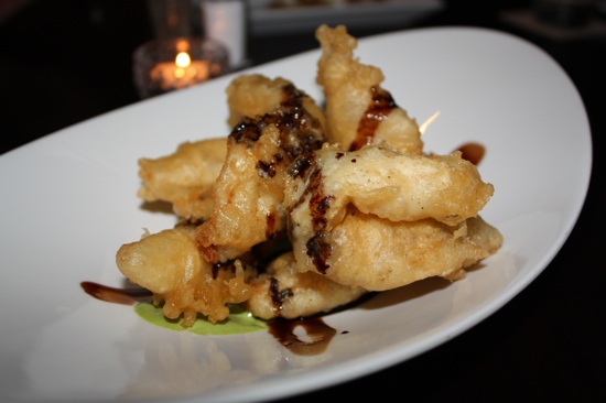 Local Perch tempura with arugula remoulade and balsamic reduction.