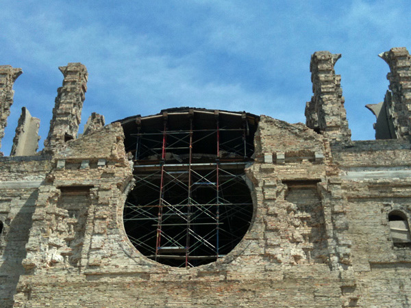 St. John of God Church facade in the midst of disassembly