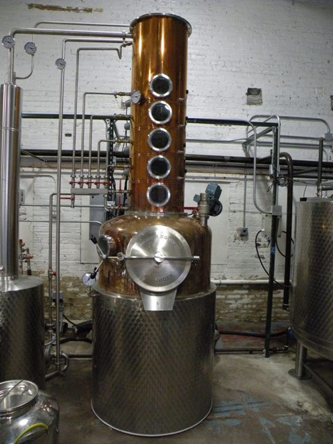 The larger of FEW\'s stills handles the whiskey distilling.