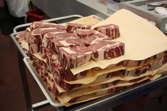 Processed steaks, waiting for packaging.
