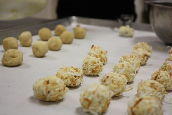 Our white chocolate truffles, some rolled in coconut, some in ginger sugar.