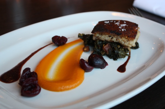 Pork belly with sweet potato, maple, mustard greens and cherry.