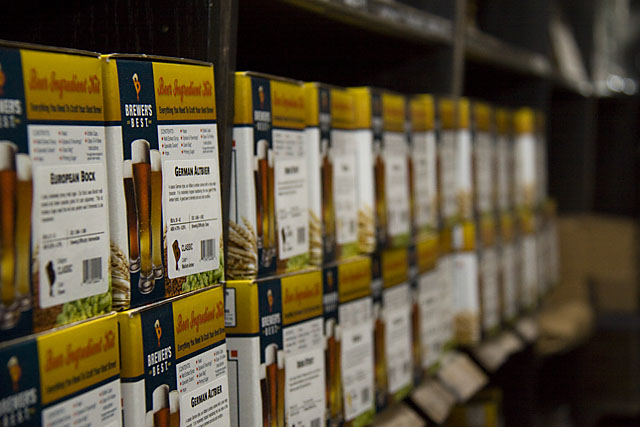 Dozens of pre-packaged brewing kits line the shelves at Brew Camp, providing all the ingredients to make a wide variety of beers.