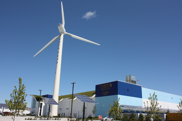 Testa\'s turbine isn\'t the facility\'s only green feature; they have a solar array and an impressive vaulted green roof.