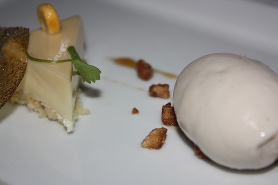 Chef Fahy played with the flavors of fall. Sweet Corn Bavarois with pecan, bourbon pain perdu, and maple wood ice cream.
