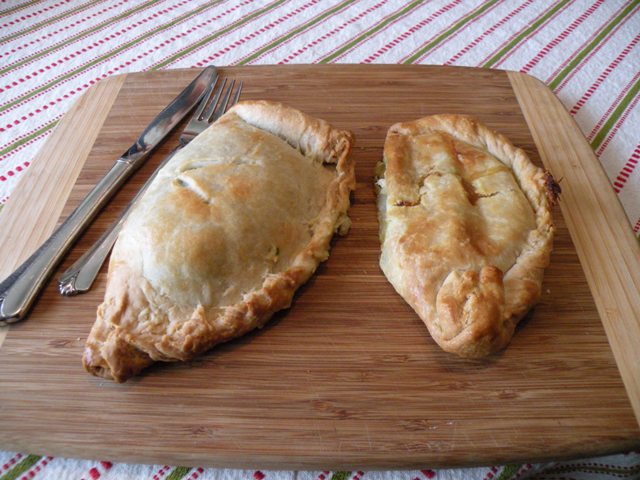 Two of Bridgeport Pasty\'s selections - the veggie (left) and the chicken pot pie. (Chuck Sudo/Chicagoist)