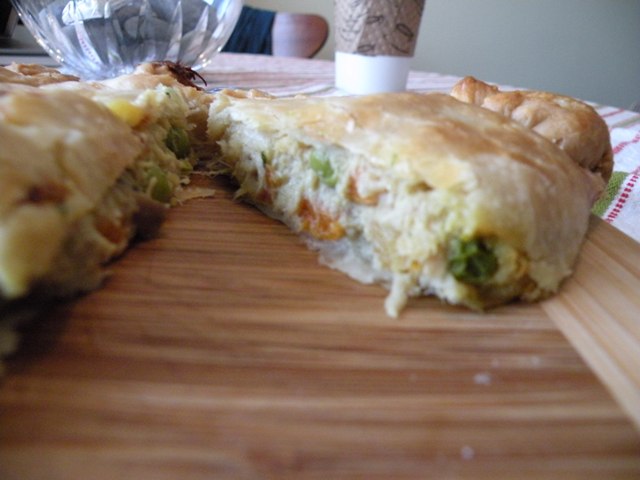 A look inside one of Bridgeport Pasty\'s early attempts at the chicken pot pie pasty. (Chuck Sudo/Chicagoist)