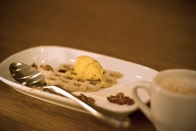 For dessert: a \"waffle\" of pumpkin gelato (frozen with liquid nitrogen), topped with a pat of pumpkin pie \"butter.\"