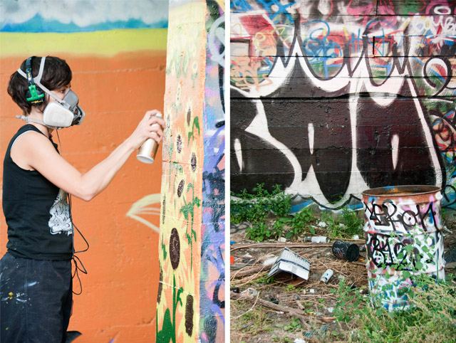 Left: one of the few female artists works on a design, opting for a mask to protect herself from the fumes; Right: Other objects, such as trash cans or car tires, are sometimes used to compliment a piece. (Annie Grossinger, for Chicagoist)