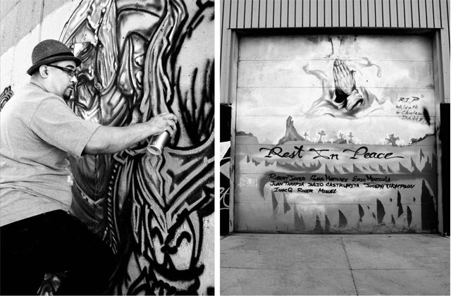 Left: An artist puts the finishing touch on his detailed piece; Right:  To appease the local gang, the local graffiti artists agreed to create a memorial for the fallen gang members. (Annie Grossinger, for Chicagoist)