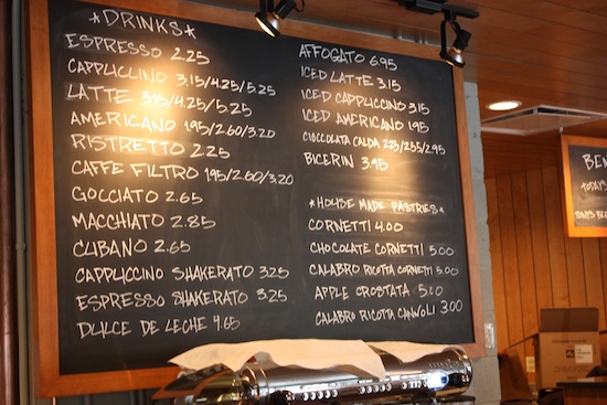 The menu for the espresso bar.