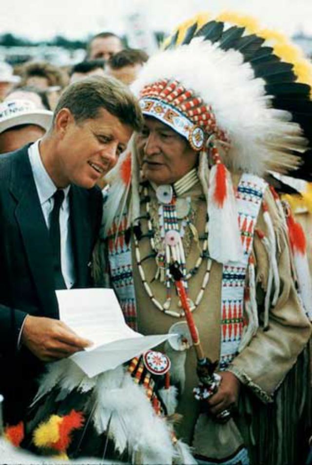 Politics is a game of give and take. Here in South Dakota, 1960, JFK , whose long ago predecessor had taken this chief\'s land, is now (futilely) importuned by the chief to give it back for implantation with a few gambling casinos. (Â© Art Shay)\r\n