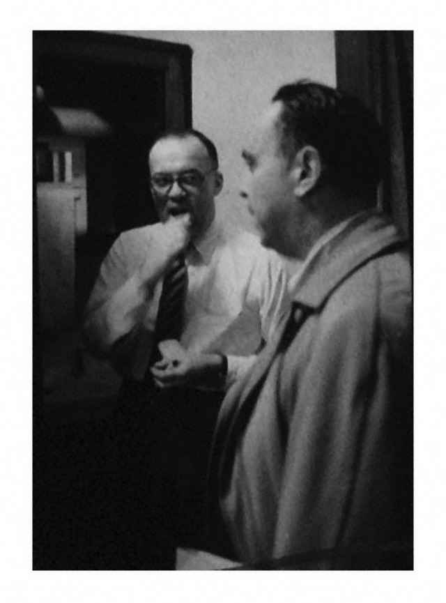 The Sun-Times\'s last  great literateur. Herman Kogan, left, brushing his teeth, bemused at having his privacy invaded by Montague on behalf of a Carol Channing show. From contact print-by Art Shay  (Â© Art Shay)