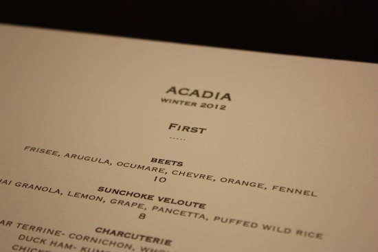 Acadia\'s current menu. (Photo by Anthony Todd)