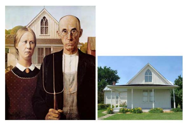 Grant Wood fell in love with the Dibble House in Eldon, Iowa, before he began painting the picture. He liked the  unique window of the \"Carpenter Gothic Style\" and determined to set his sister Nan, and his dentist, Dr. Byron McKeeby, in front of it wearing suitable farming clothes of several eras. The picture won a bronze medal and $300. It\'s worth today? Easily $50 million. The judges deemed it \"a comic valentine.\" Poor Wood was mortified when the Cedar Rapids Gazette ran commentary by Iowans depicting the characters in the picture as \"pinched, grim-faced  puritanical Bible-thumpers.\"  Early Tea Partyers? Nan, in years to come, objected to being depicted as a young prune married to someone twice her age. Such art critics as Christopher Morley and Gertrude Stein assumed the work was satirical and loved it.
